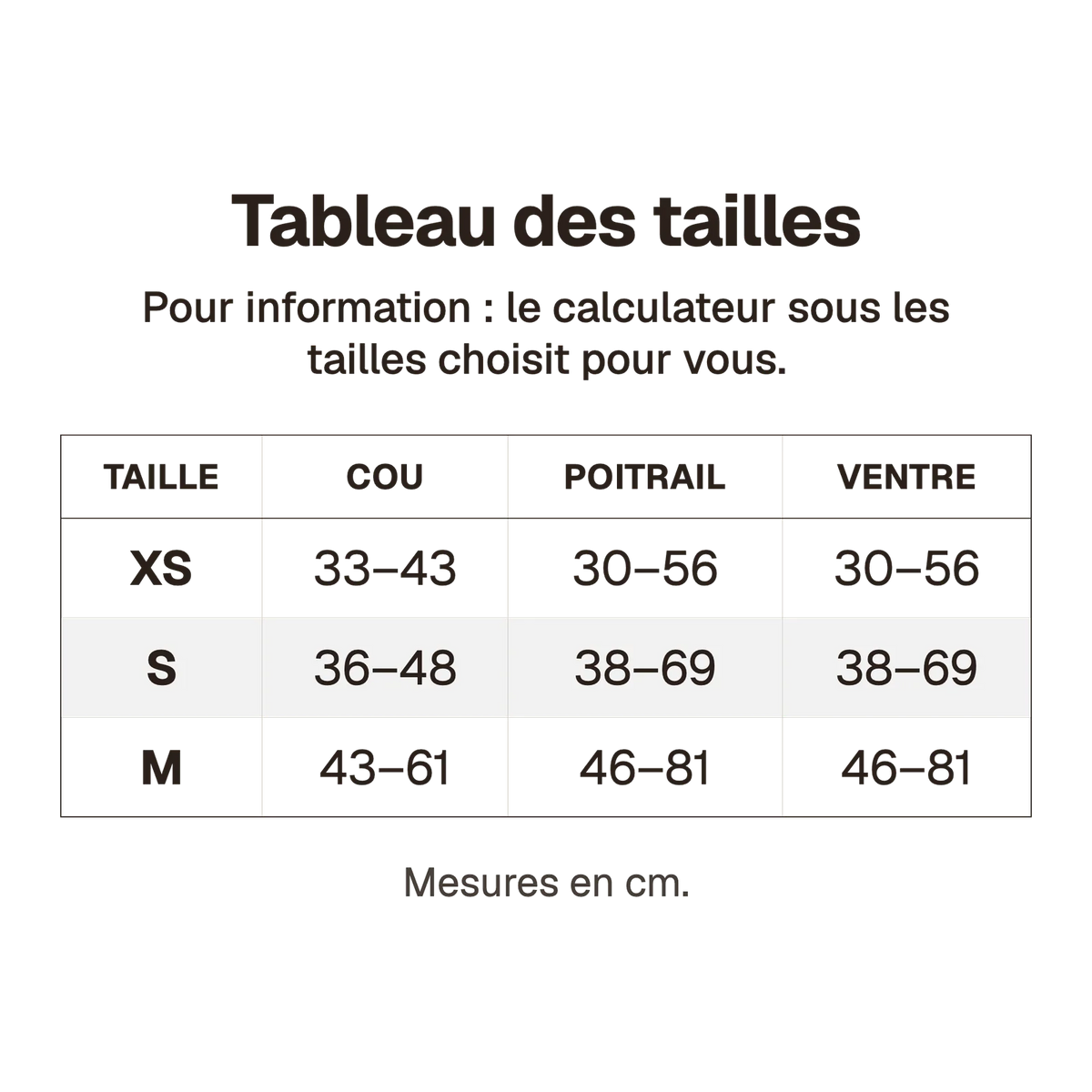 Tableau des tailles du harnais 3 points promenade en cm, pour information : le calculateur sous les tailles choisit pour vous