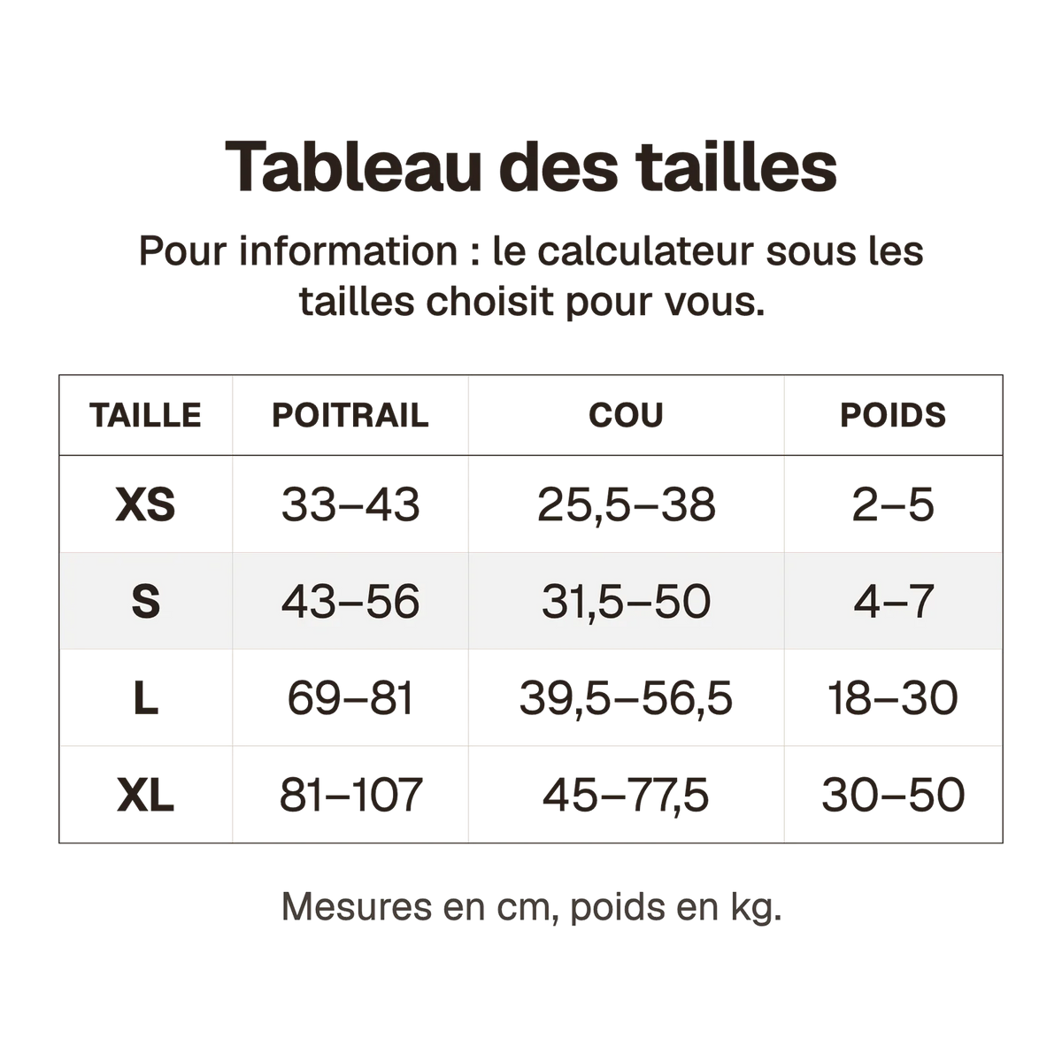 Tableau des tailles du harnais chien anti traction floral en cm, du XS au XL, pour information : le calculateur sous les tailles choisit pour vous