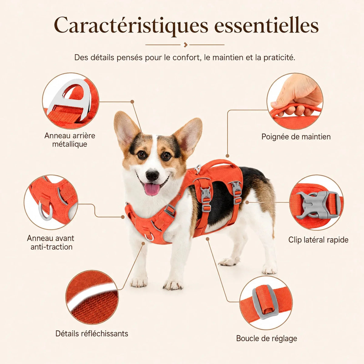 Harnais chien Anti Traction Promenade, caractéristiques essentielles