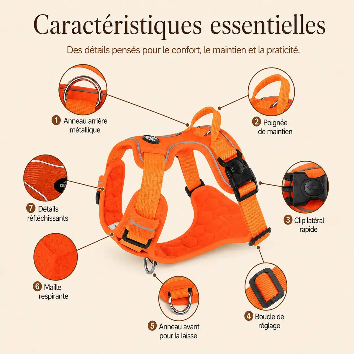 Harnais chien Anti Traction Réfléchissant, caractéristiques essentielles