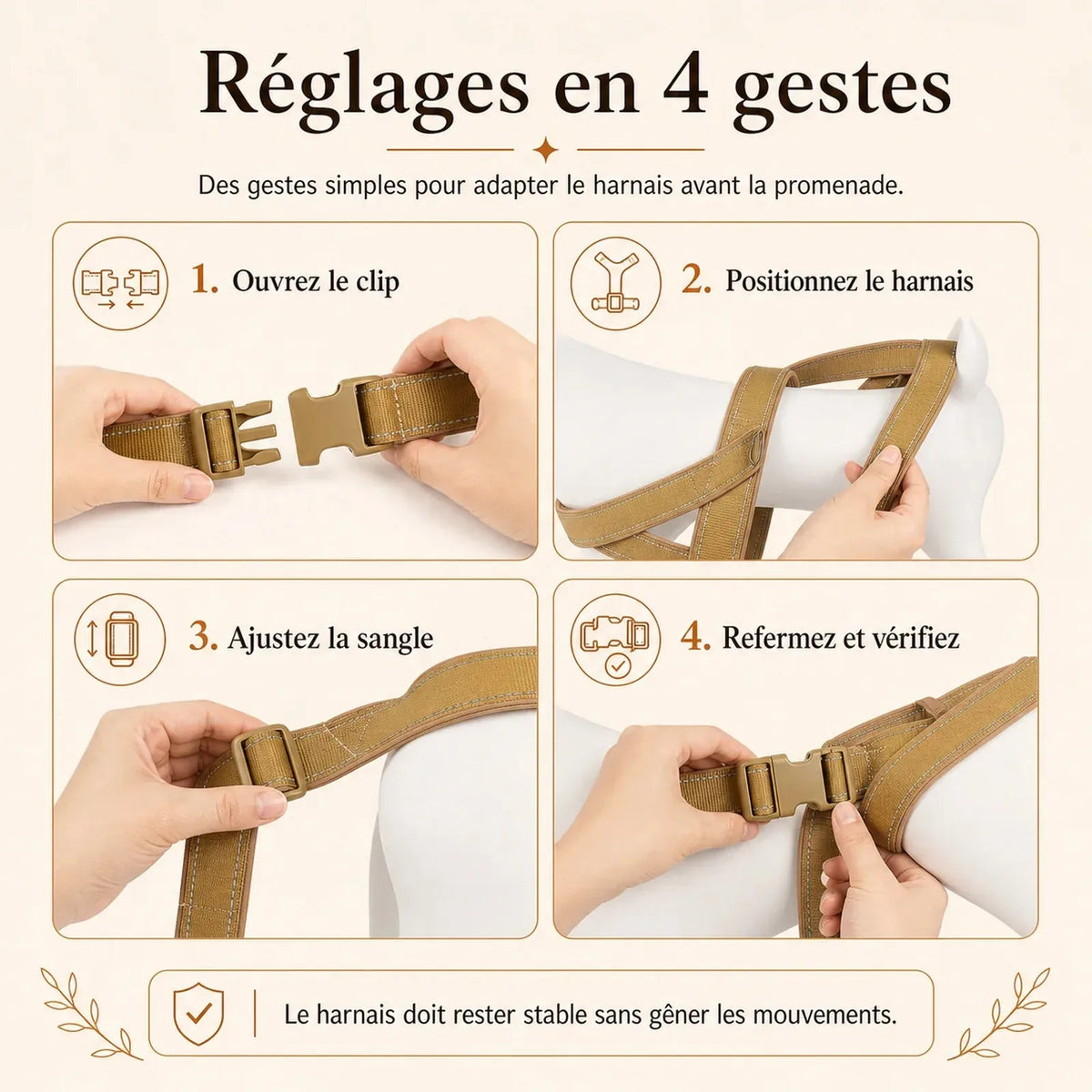 harnais chien anti traction renforce reglages en 4 gestes