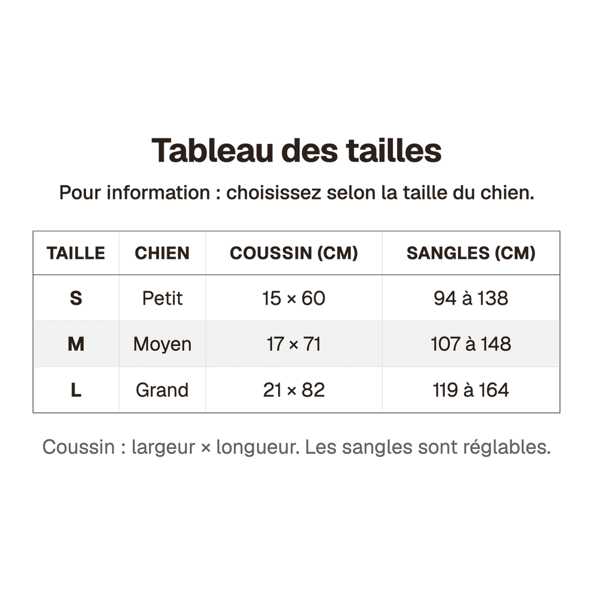 Tableau des tailles du harnais de soutien pour chien handicapé noir