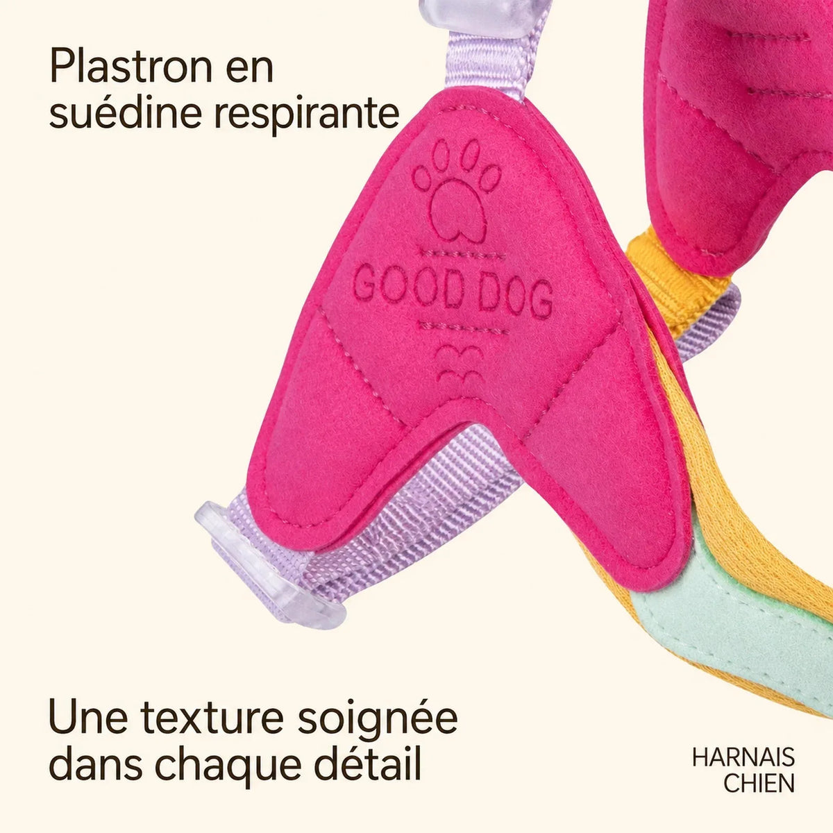 Harnais Chien Macaron - Plastron suédine respirante