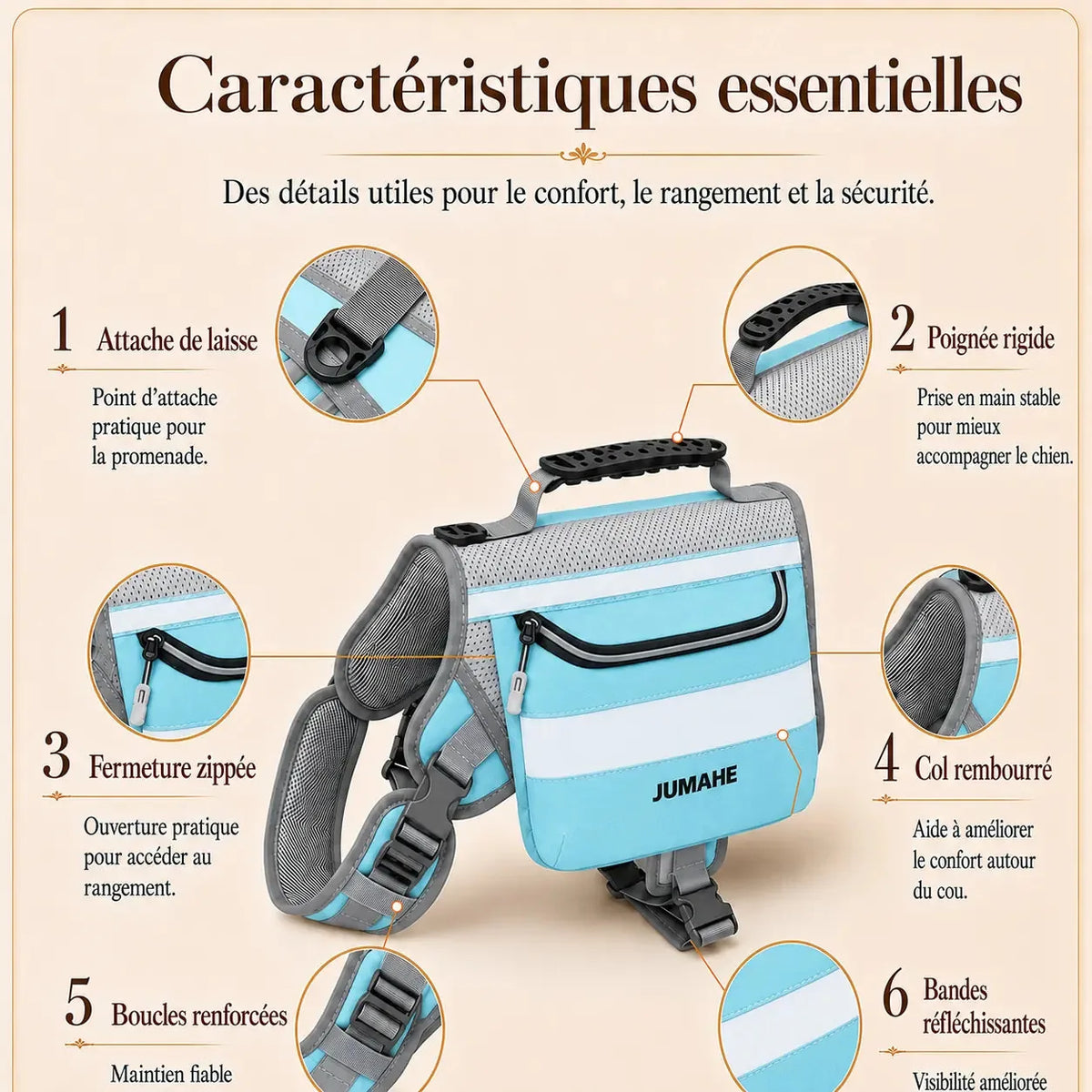 Harnais randonnée sacoche bleu, schéma des caractéristiques essentielles du harnais
