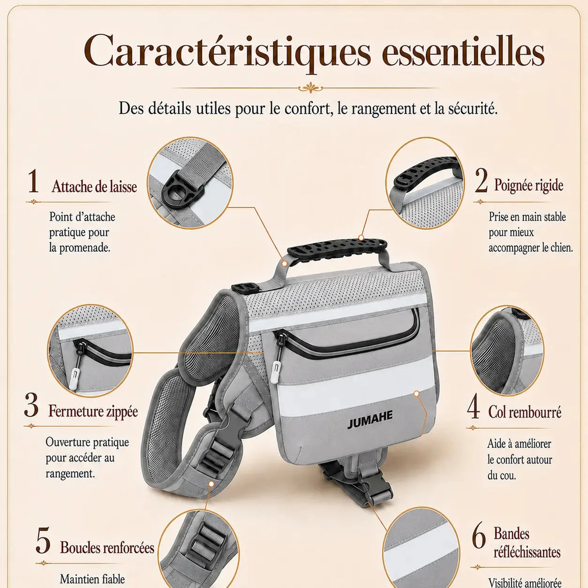 Harnais randonnée sacoche gris, schéma des caractéristiques essentielles du harnais