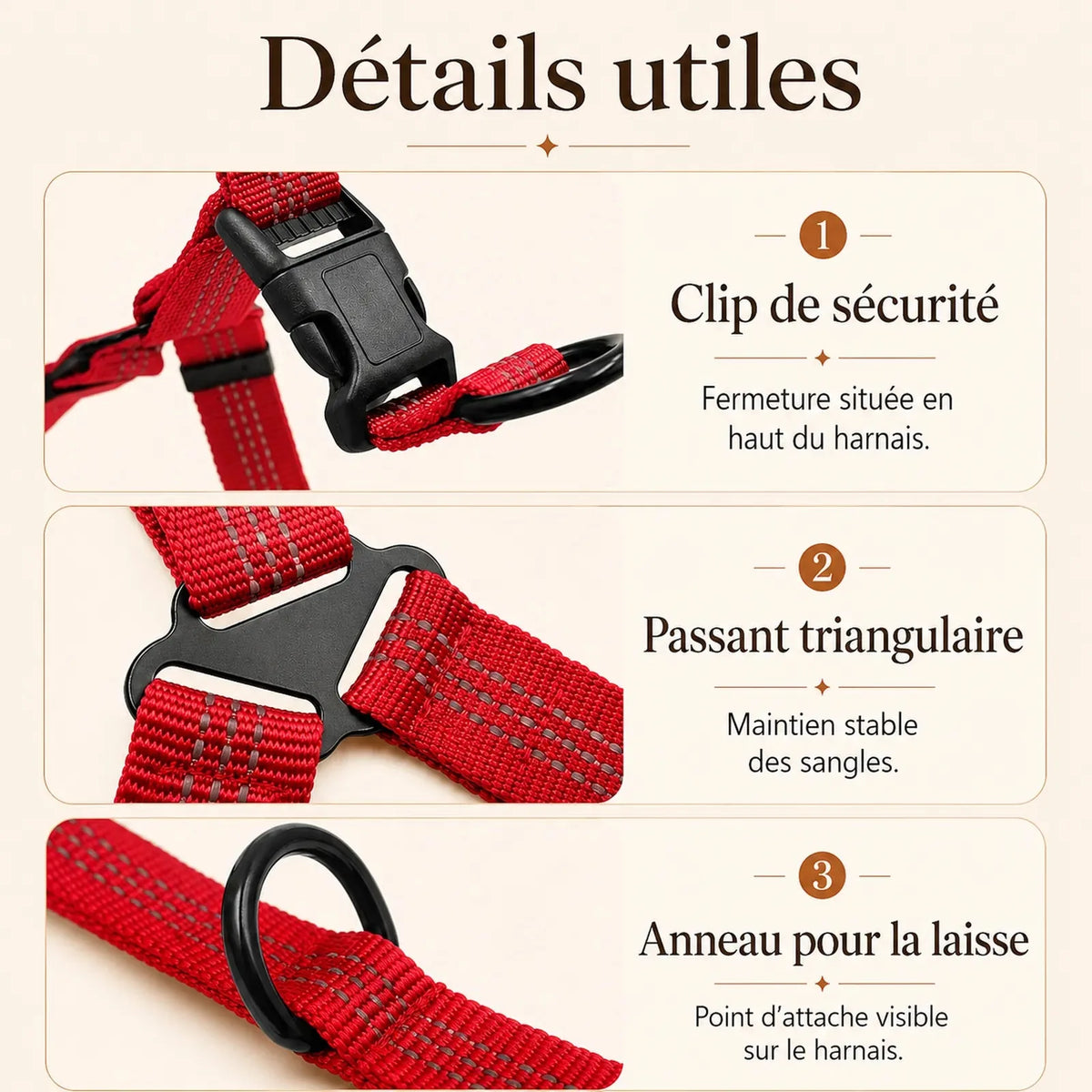 harnais chien rouge detail clips anneaux