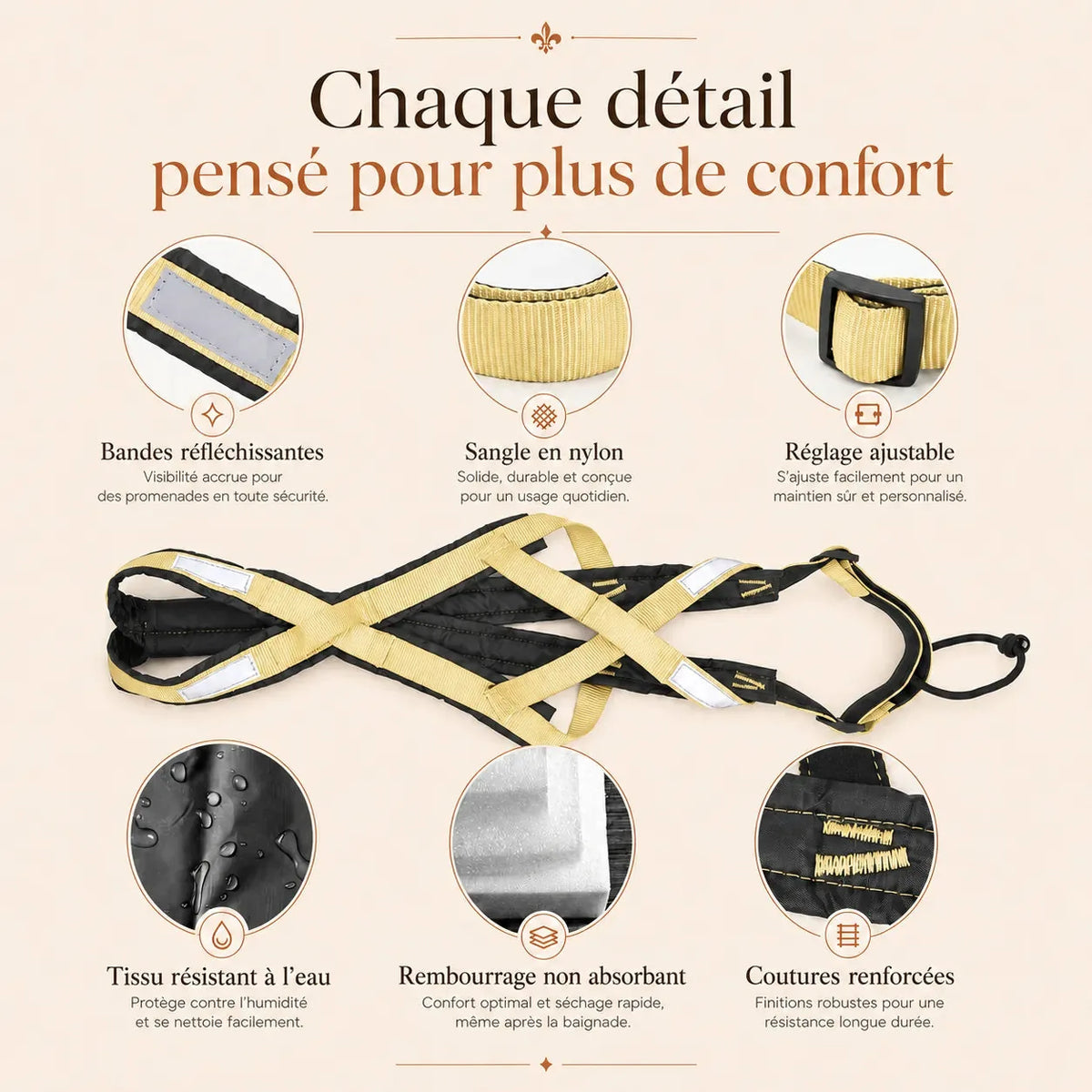 Harnais canicross réfléchissant jaune pâle, détails du confort et des finitions