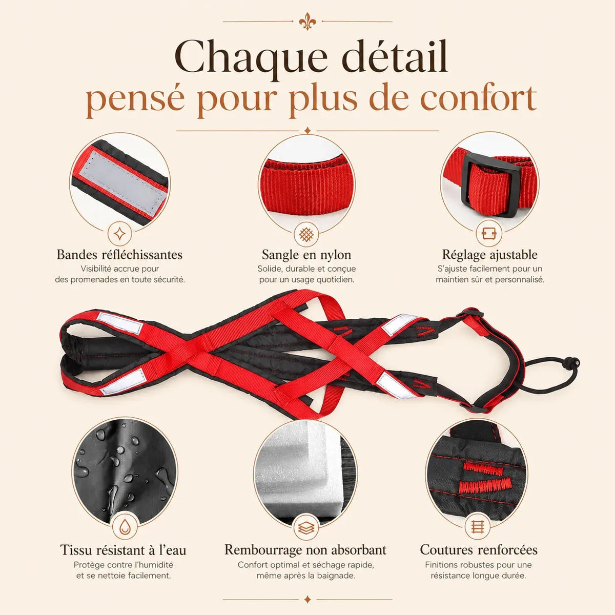 Harnais canicross réfléchissant rouge, détails du confort et des finitions