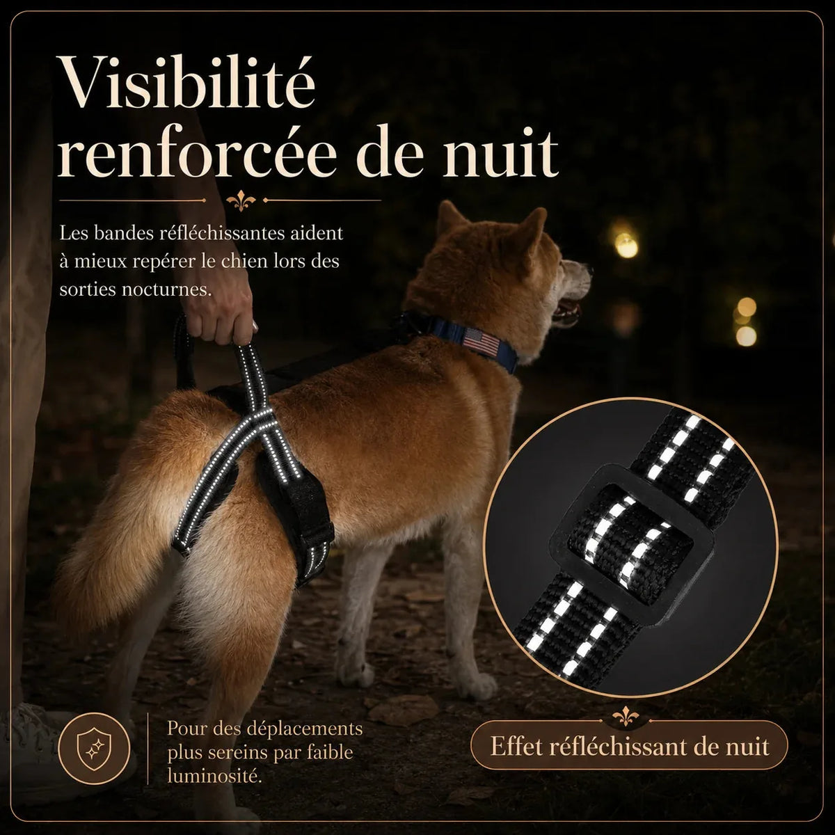 Sangle chien handicapé Noire avec bandes réfléchissantes pour une meilleure visibilité de nuit