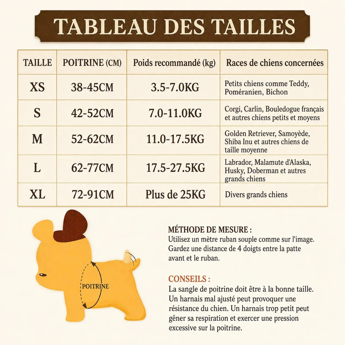 Harnais Chiot Maille Respirante - Guide des tailles