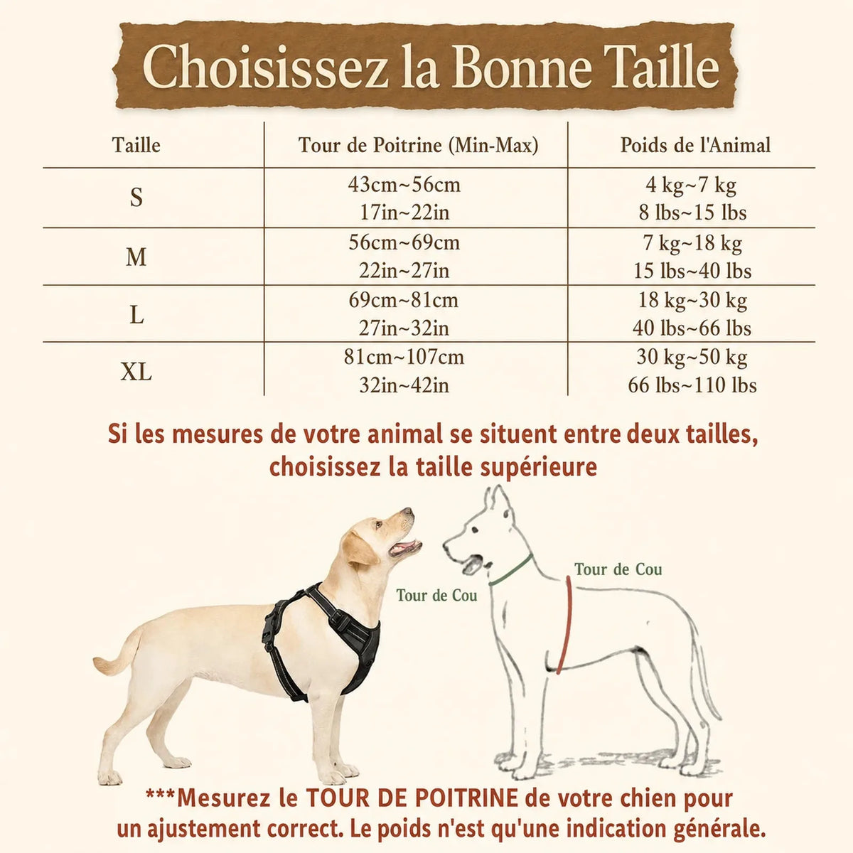 Harnais Chien Poignée Polyvalent - Guide des tailles