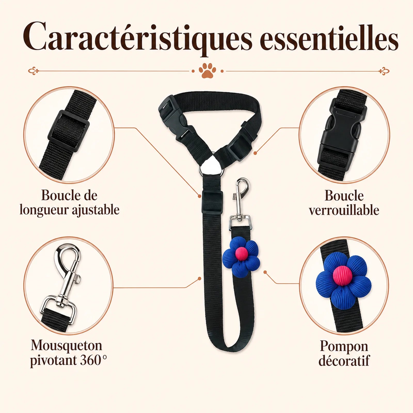 attache chien voiture appuie tete caracteristiques essentielles