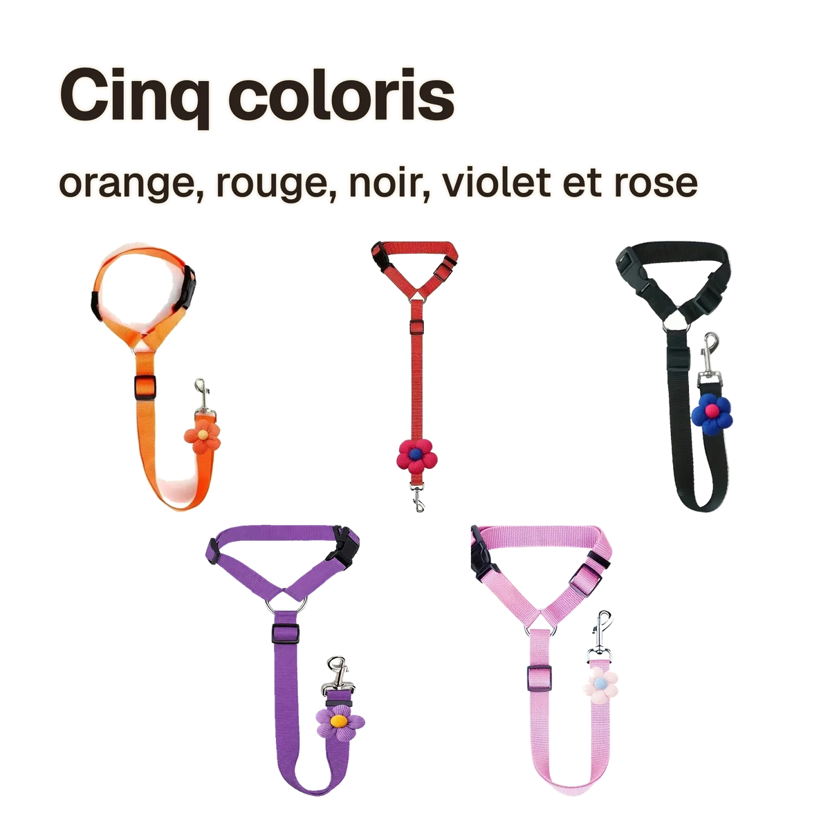 Attache chien voiture appuie-tête en cinq coloris : orange, rouge, noir, violet et rose