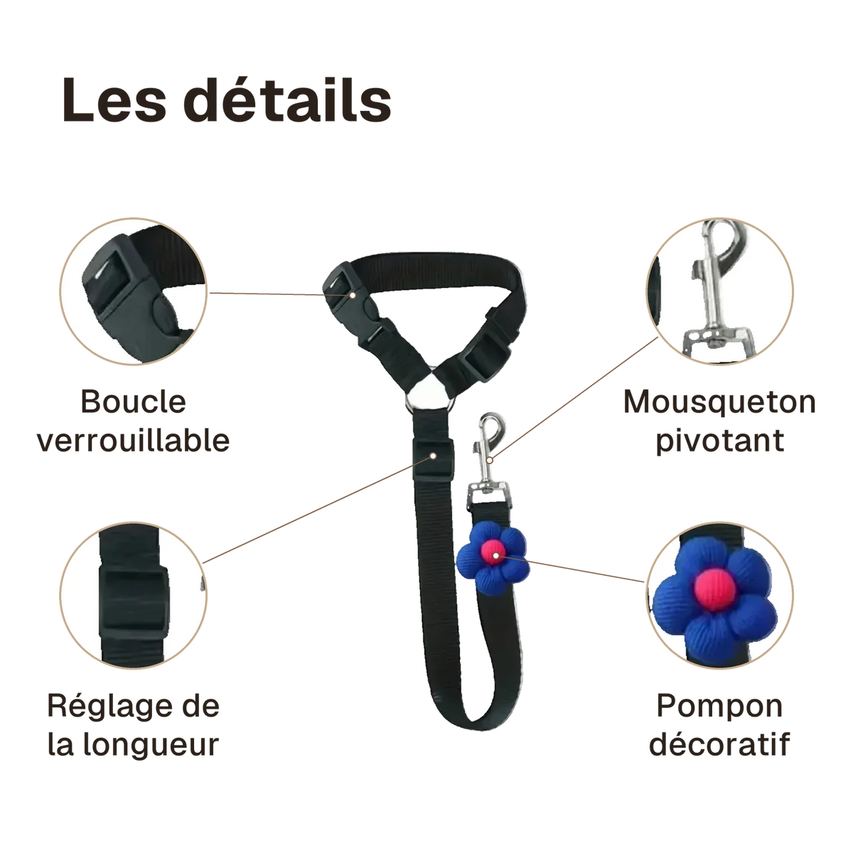 Les détails de l'attache chien voiture appuie-tête : boucle verrouillable, réglage de la longueur, mousqueton pivotant, pompon décoratif
