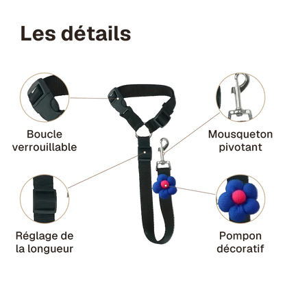 Les détails de l'attache chien voiture appuie-tête : boucle verrouillable, réglage de la longueur, mousqueton pivotant, pompon décoratif