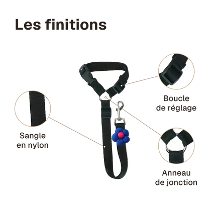 Les finitions de l'attache chien voiture appuie-tête : anneau de jonction, boucle de réglage, sangle en nylon