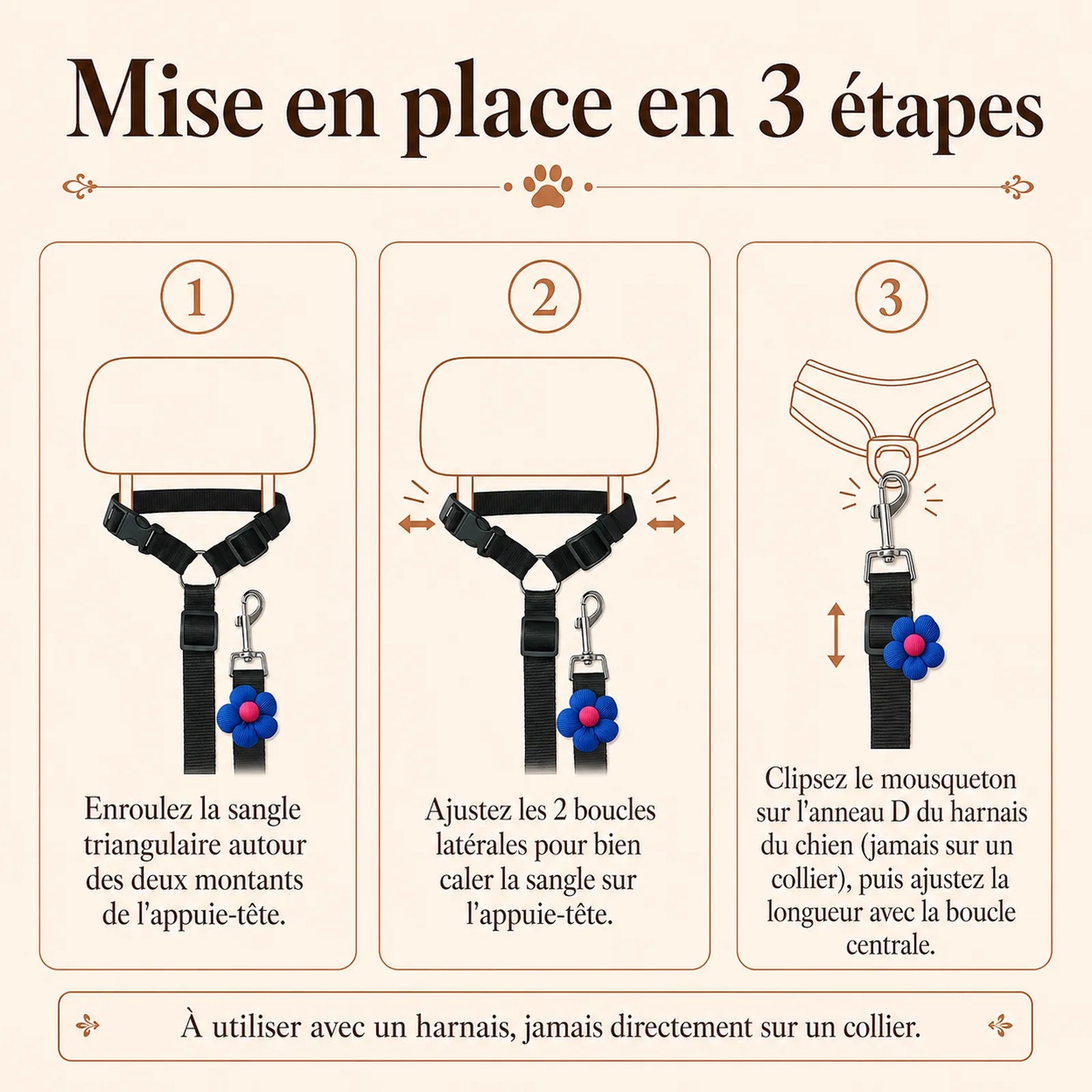attache chien voiture appuie tete mise en place 3 etapes
