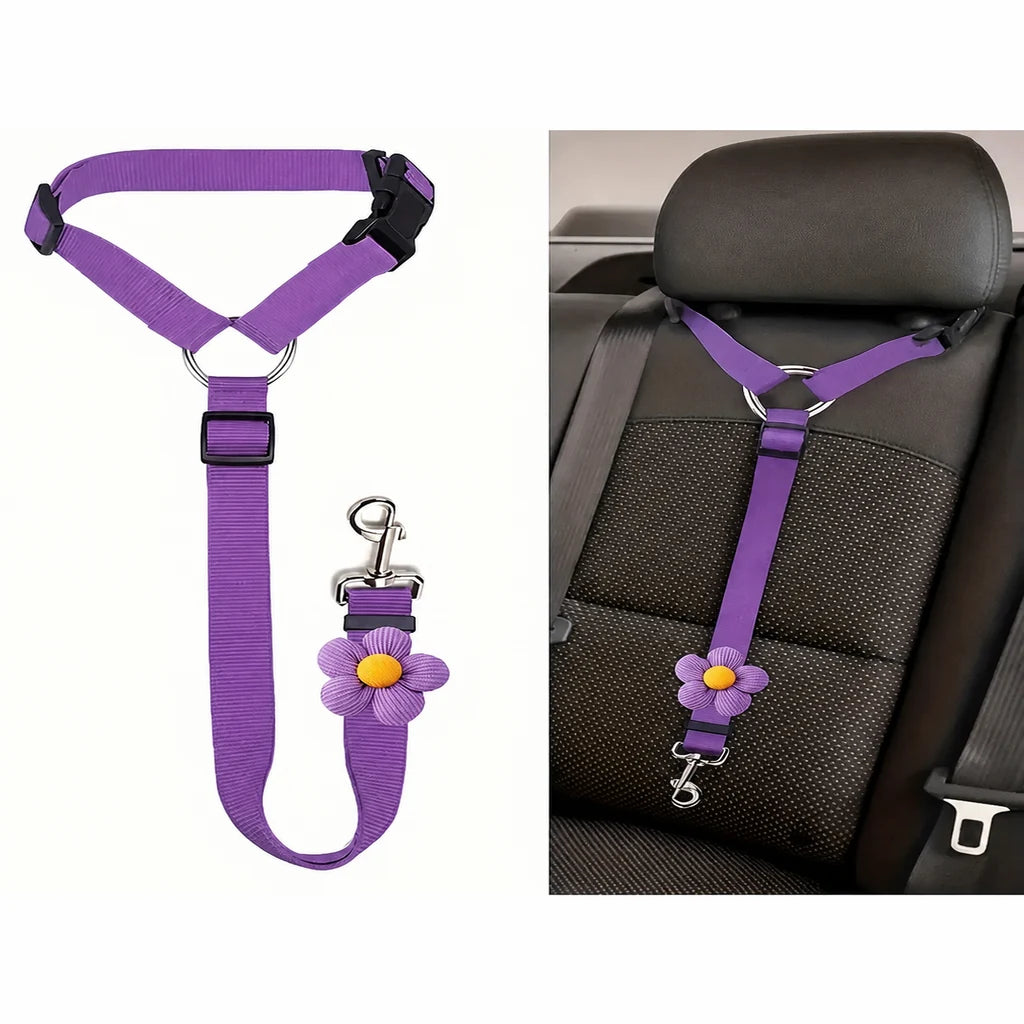 Attache chien voiture appuie-tête, coloris violet fixée à l'appuie-tête