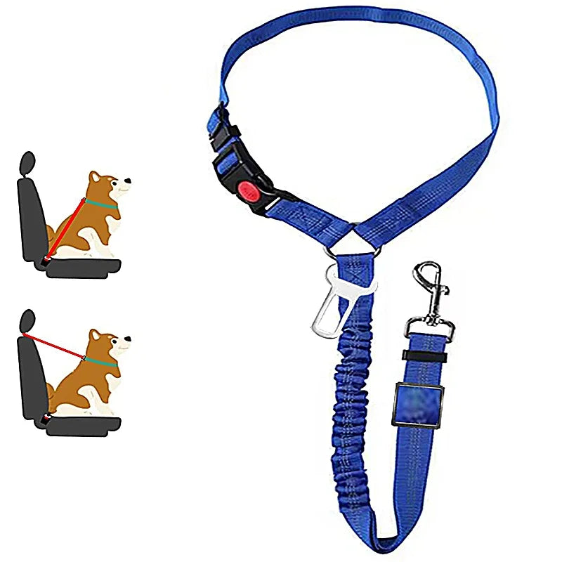 Ceinture chien voiture 2 en 1, coloris bleu à motif chevrons