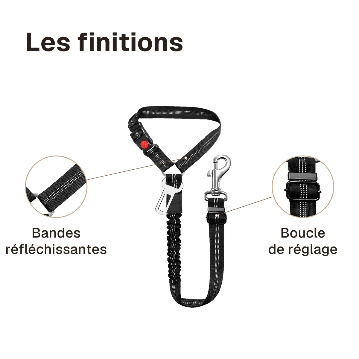 Les finitions de la ceinture chien voiture 2 en 1 : boucle de réglage, bandes réfléchissantes