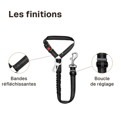 Les finitions de la ceinture chien voiture 2 en 1 : boucle de réglage, bandes réfléchissantes