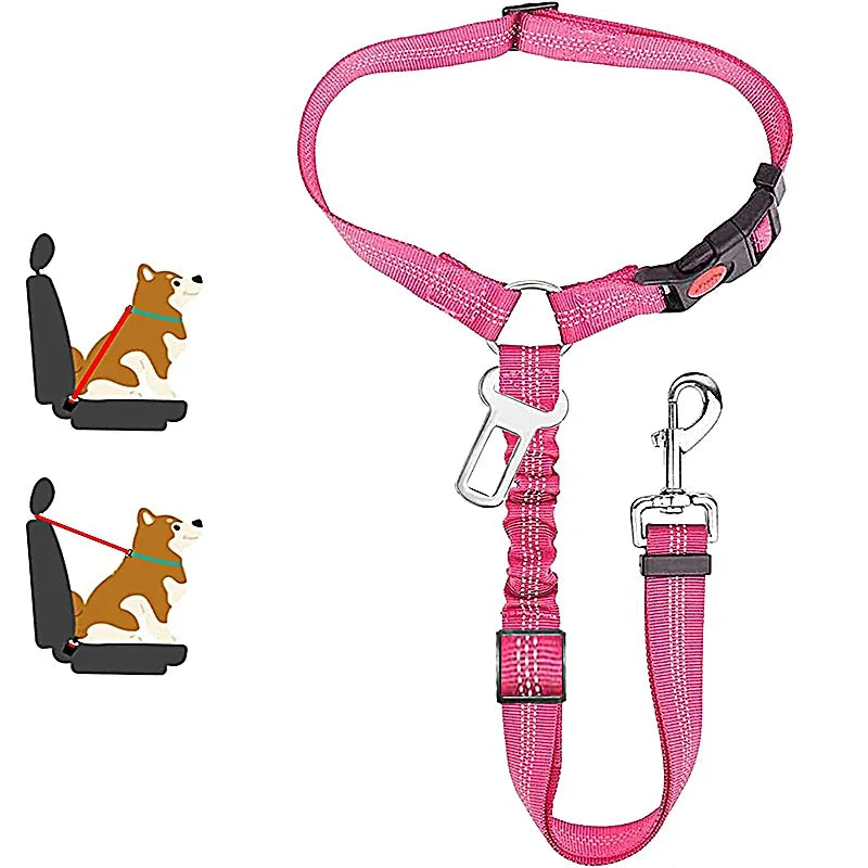 Ceinture chien voiture 2 en 1, coloris rose vif