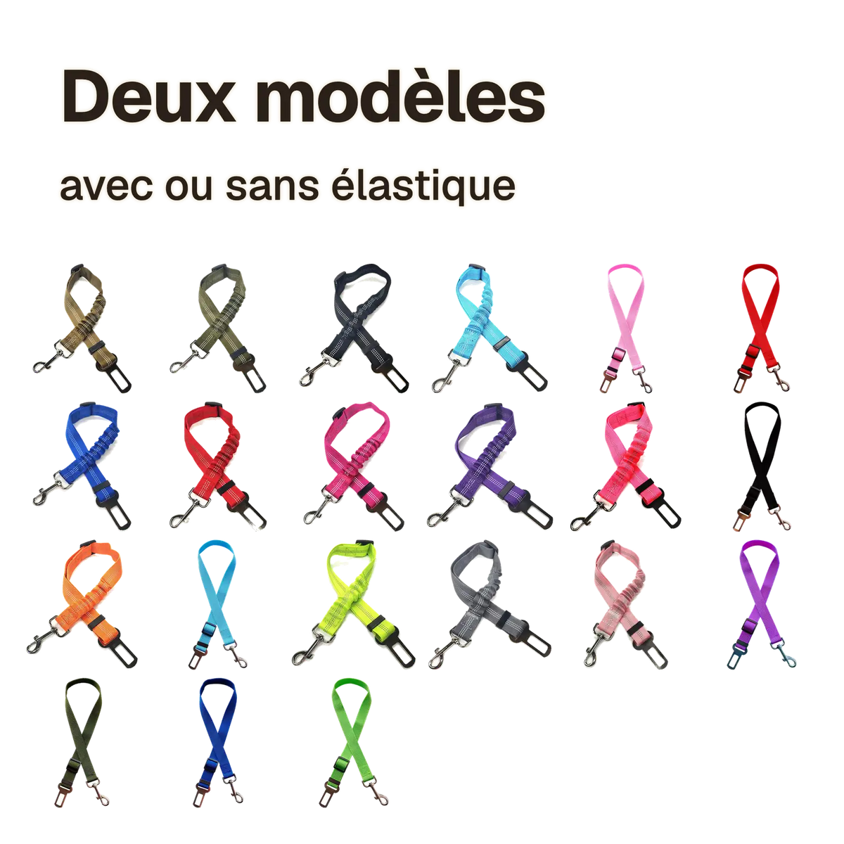 Ceinture chien voiture en 21 variantes de coloris, avec ou sans partie élastique