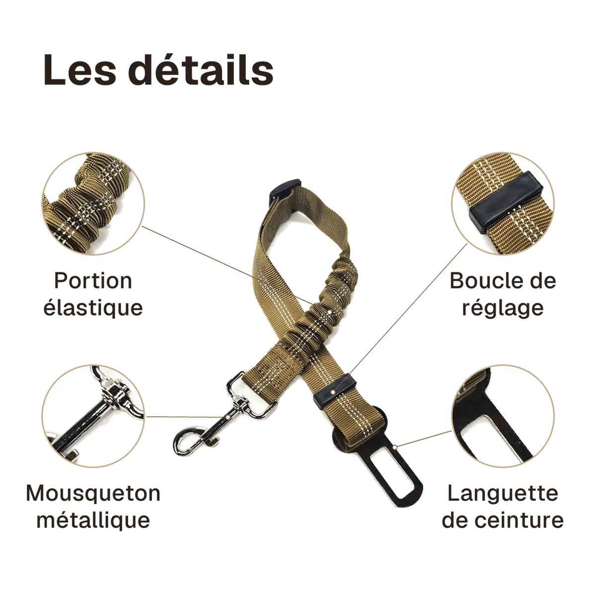 Les détails de la ceinture chien voiture élastique : portion élastique, mousqueton métallique, boucle de réglage, languette de ceinture