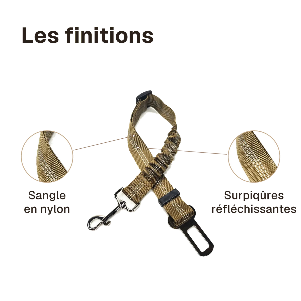 Les finitions de la ceinture chien voiture élastique : surpiqûres réfléchissantes, sangle en nylon