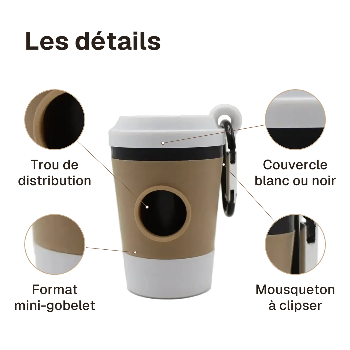 Les détails du distributeur de sacs à crottes : trou de distribution, mousqueton à clipser, couvercle, format mini-gobelet