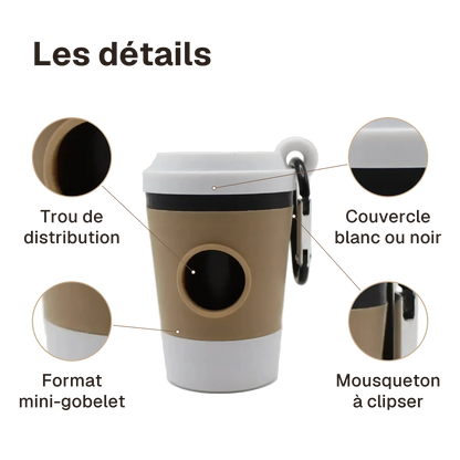 Les détails du distributeur de sacs à crottes : trou de distribution, mousqueton à clipser, couvercle, format mini-gobelet