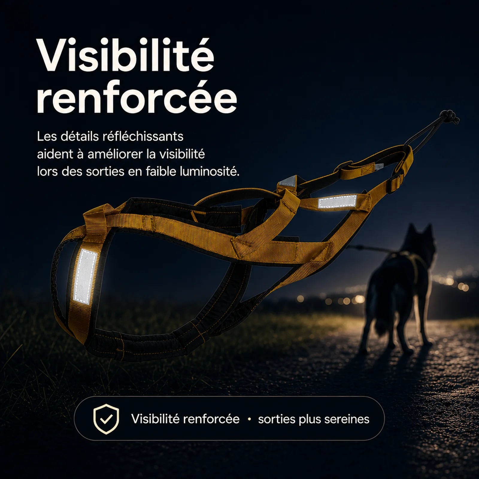harnais canicross jaune bandes reflechissantes