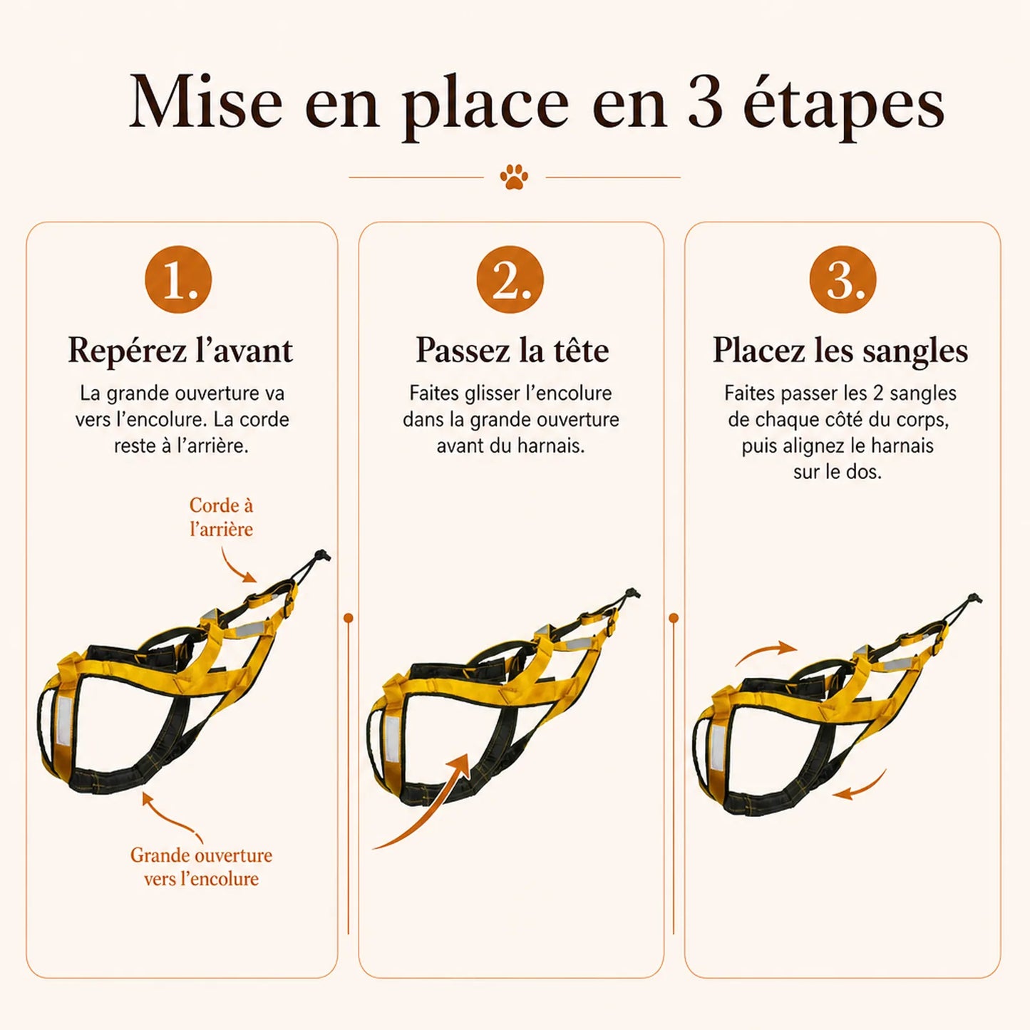 harnais canicross jaune mise en place 3 etapes