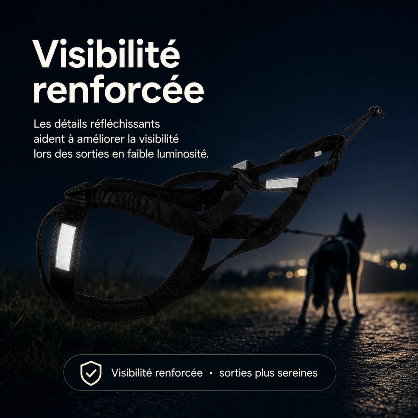 Harnais canicross noir - visibilite renforcee