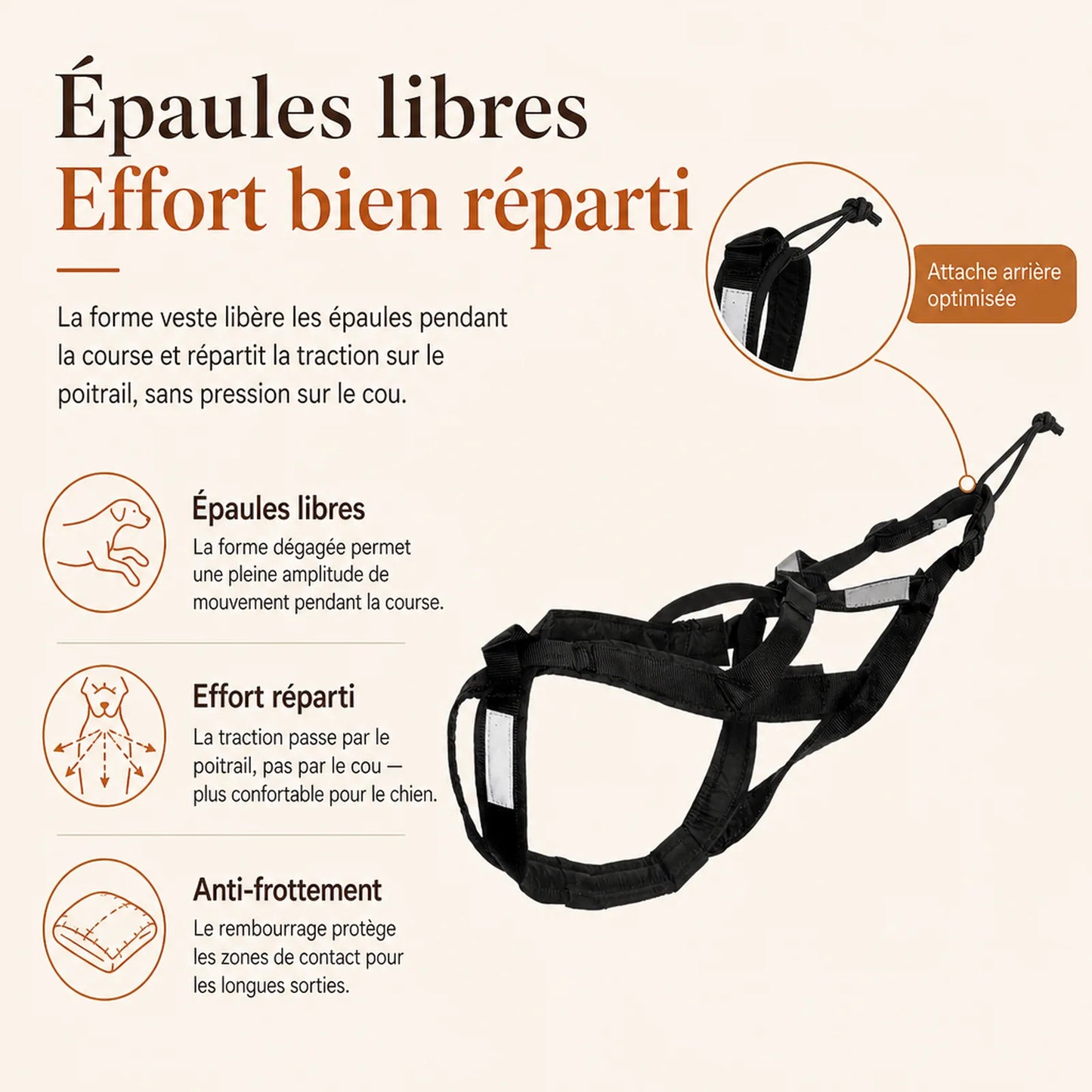 Harnais canicross noir - epaules libres effort reparti
