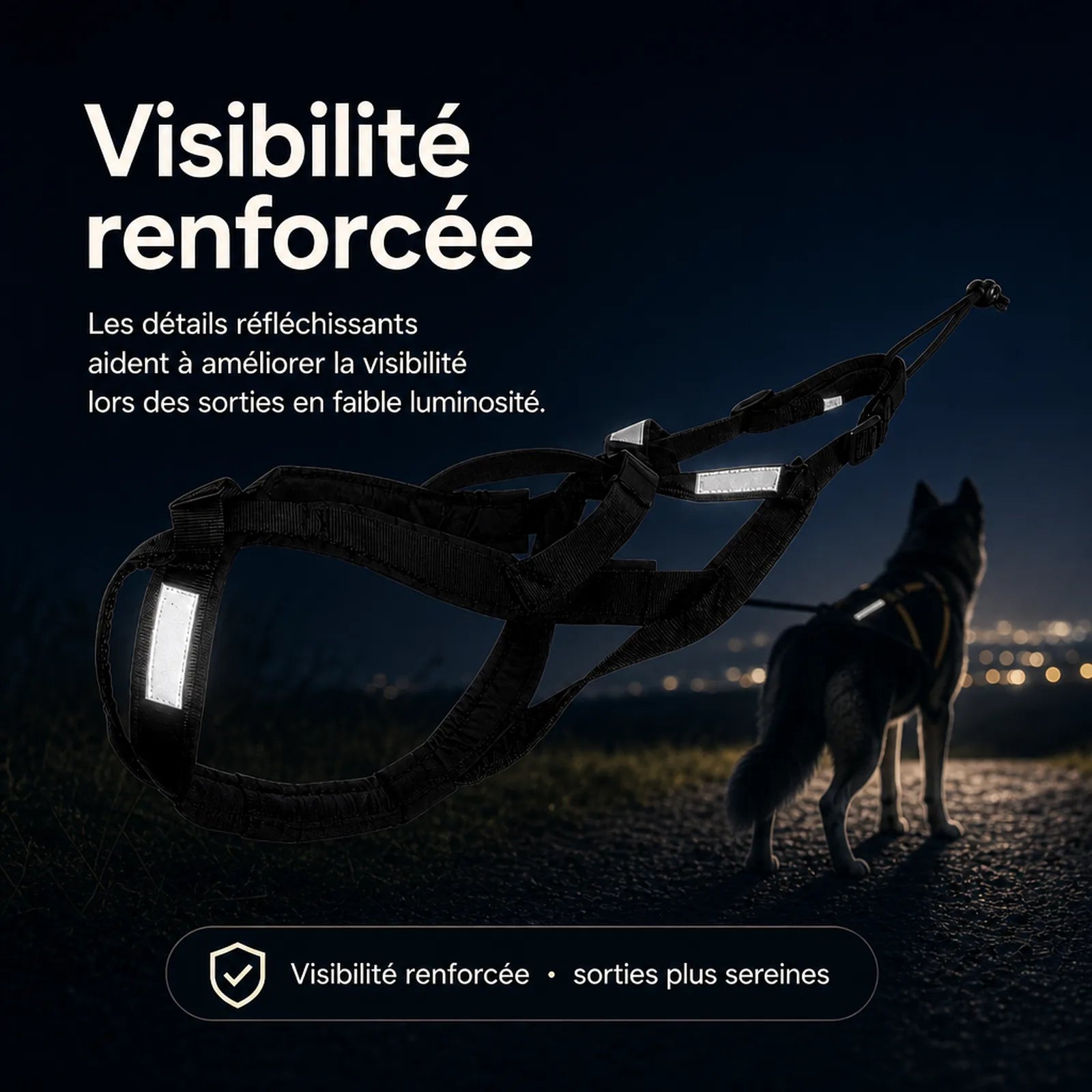harnais canicross reflechissant jaune bandes reflechissantes