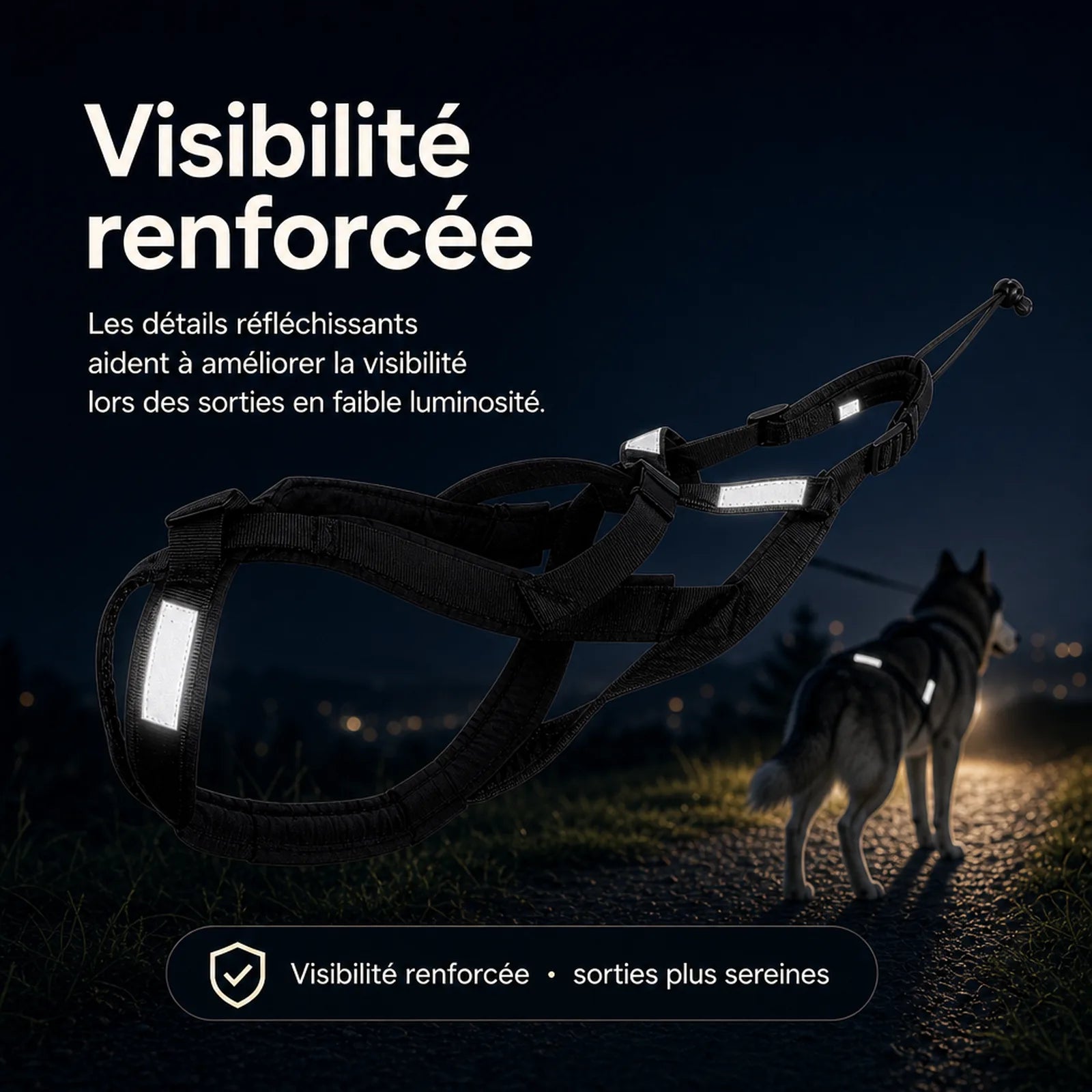 harnais canicross reflechissant noir bandes reflechissantes