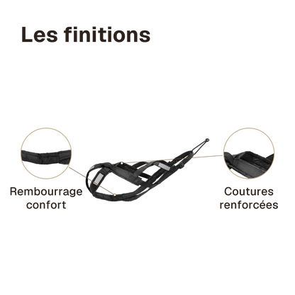 Les finitions du harnais canicross réfléchissant noir : rembourrage confort, coutures renforcées