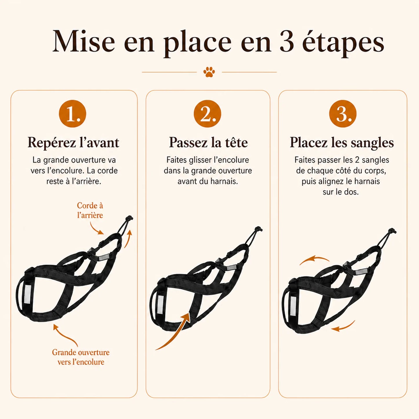 harnais canicross reflechissant noir mise en place 3 etapes