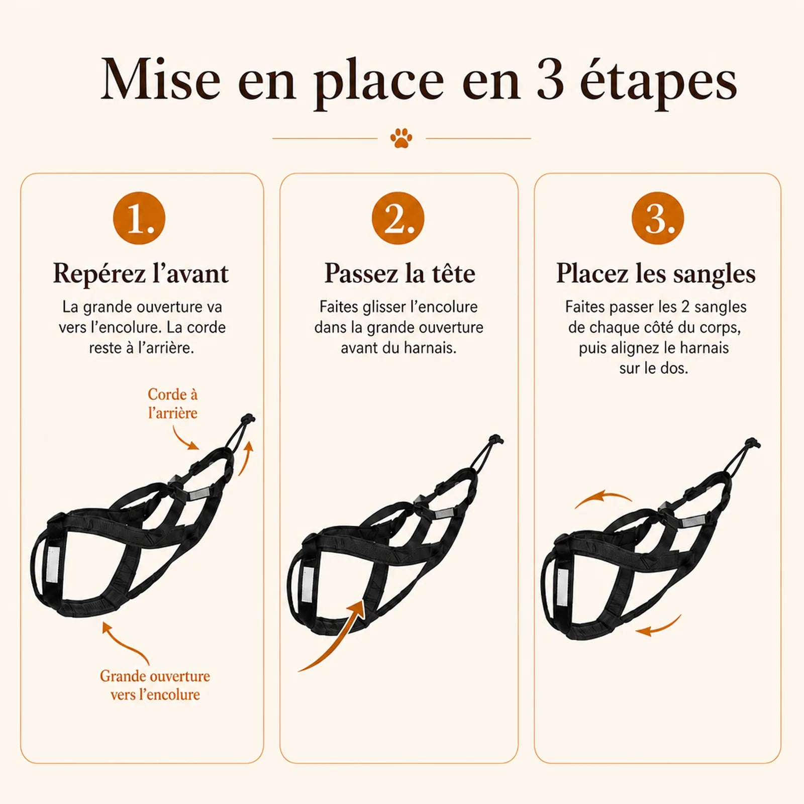 harnais canicross reflechissant noir mise en place 3 etapes