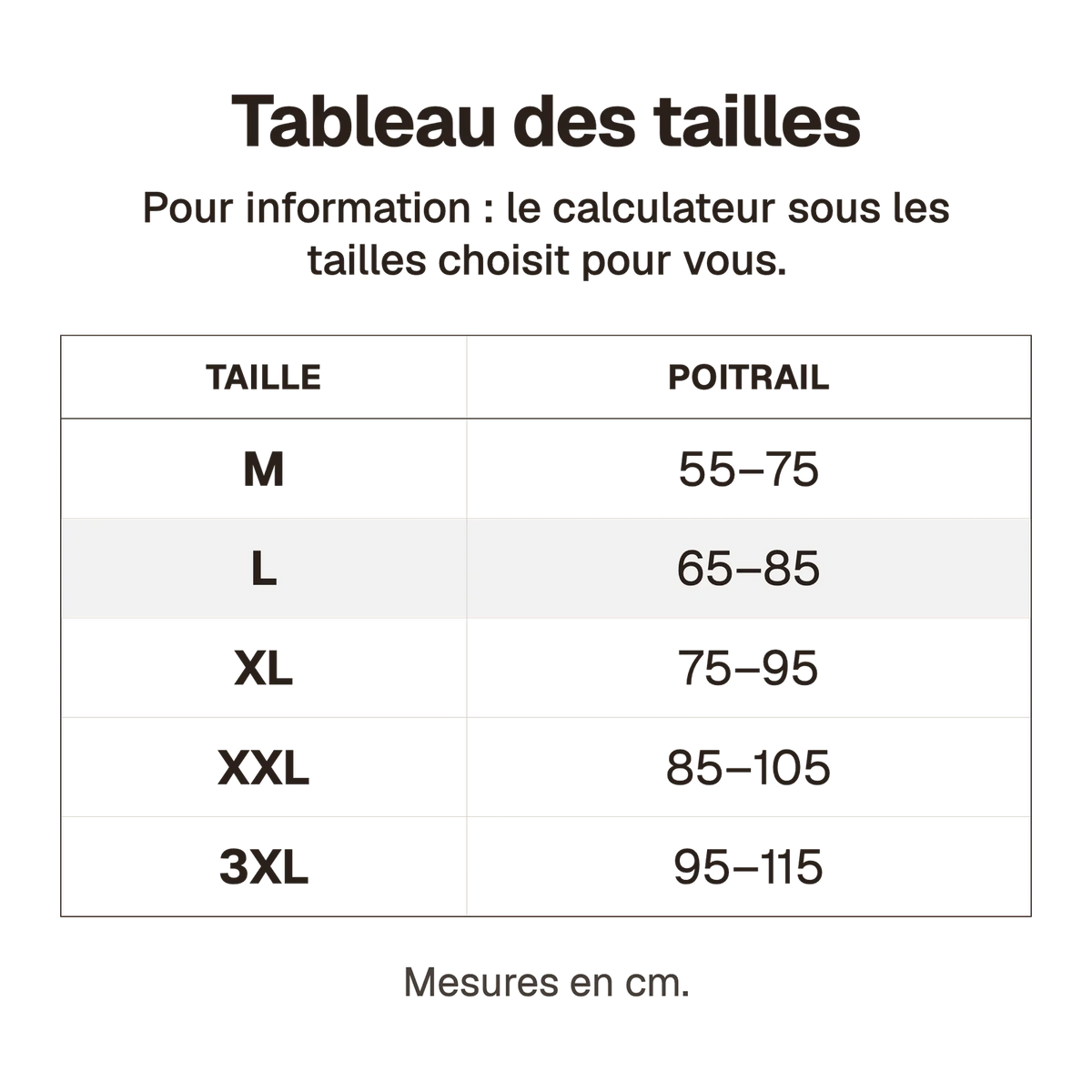 Tableau des tailles du harnais canicross réfléchissant noir : tailles M à 3XL et tour de poitrail