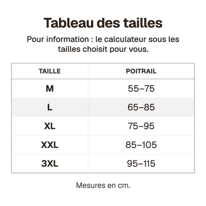Tableau des tailles du harnais canicross réfléchissant noir : tailles M à 3XL et tour de poitrail