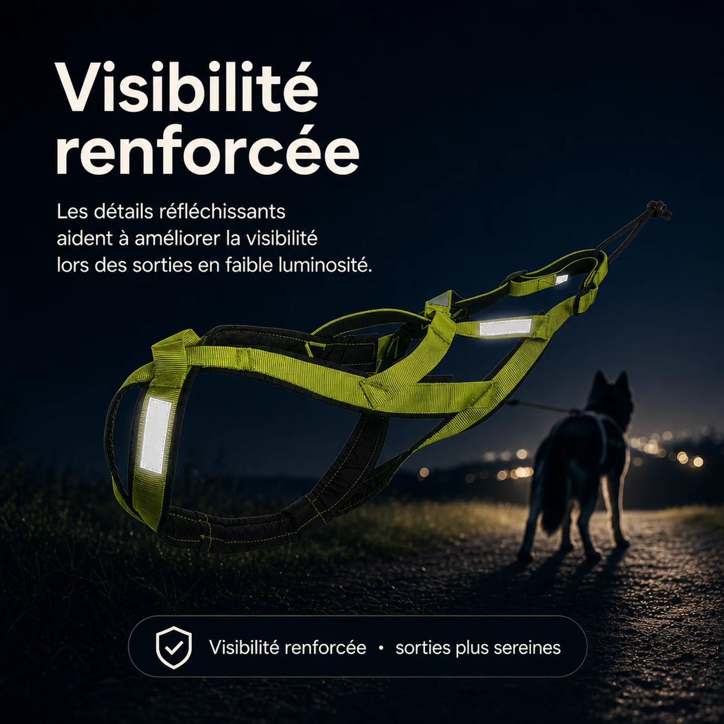 harnais canicross vert bandes reflechissantes