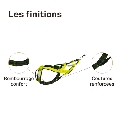 Les finitions du harnais canicross vert : rembourrage confort, coutures renforcées