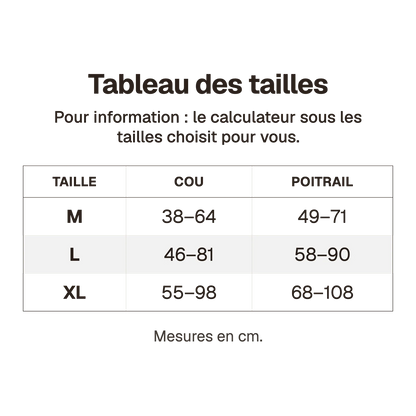 Tableau des tailles du harnais 3 points classique en cm, pour information : le calculateur sous les tailles choisit pour vous