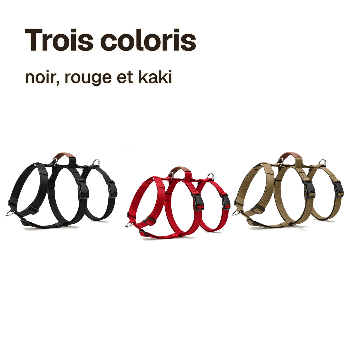 Harnais 3 points en trois coloris : noir, rouge et kaki