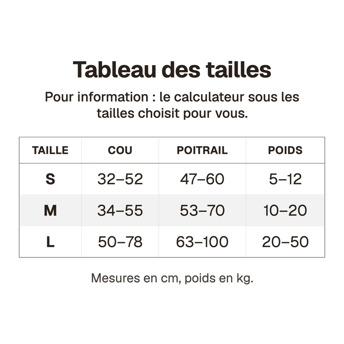 Tableau des tailles du harnais 3 points gilet en cm, pour information : le calculateur sous les tailles choisit pour vous