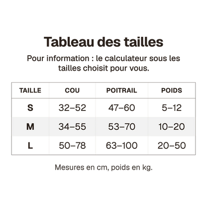 Tableau des tailles du harnais 3 points gilet en cm, pour information : le calculateur sous les tailles choisit pour vous