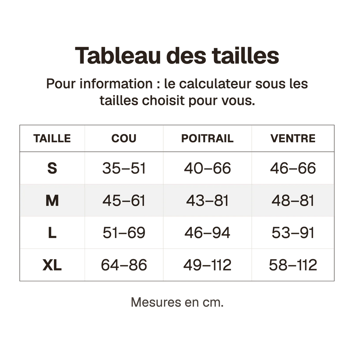 Tableau des tailles du harnais 3 points imperméable en cm, pour information : le calculateur sous les tailles choisit pour vous