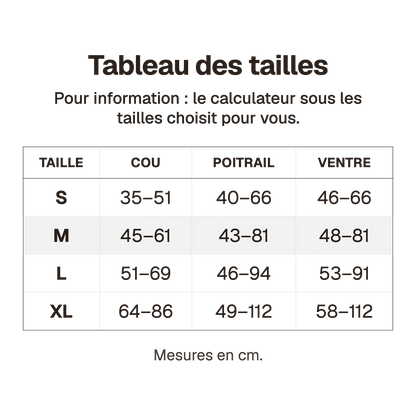 Tableau des tailles du harnais 3 points imperméable en cm, pour information : le calculateur sous les tailles choisit pour vous